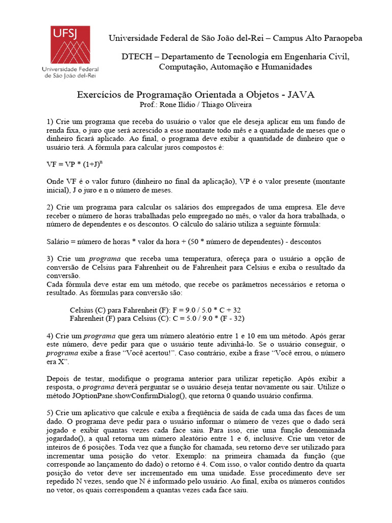 Exercícios de Programação em JAVA | PDF | Fahrenheit | Juros