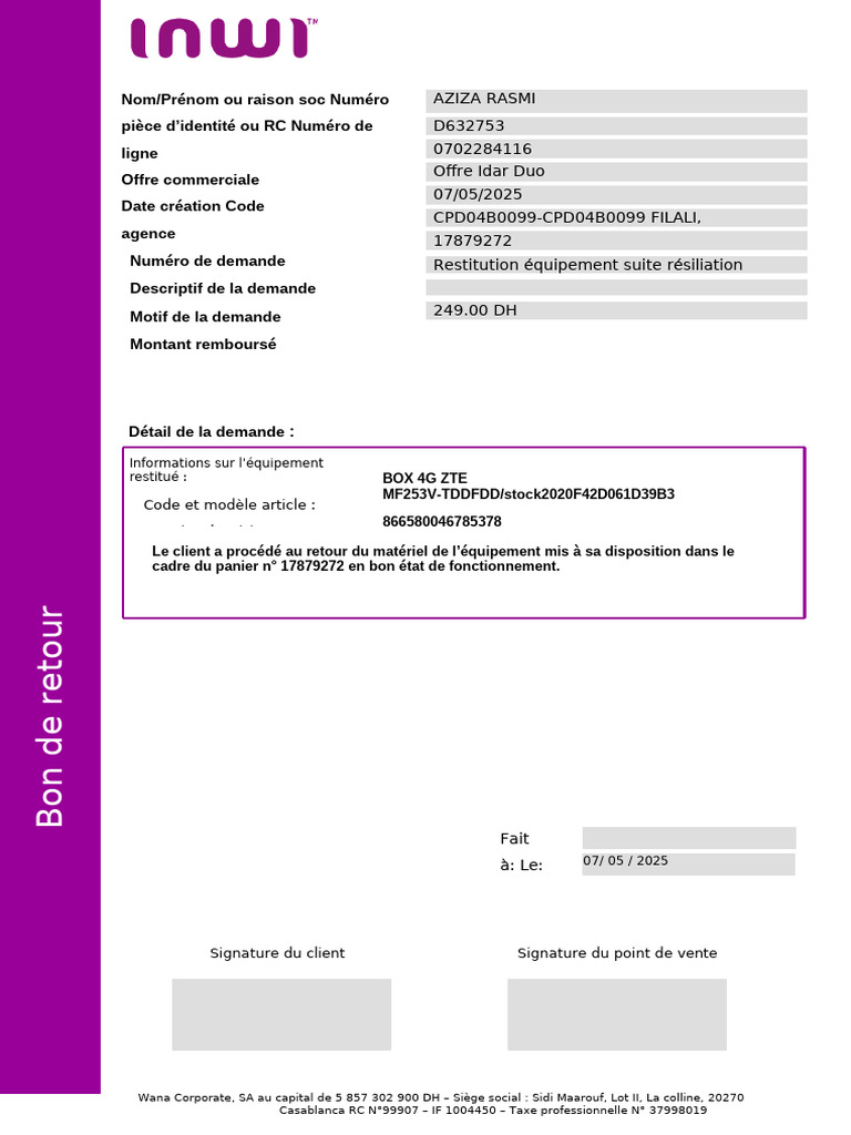 Bon de retour équipement Wana Corporate | PDF