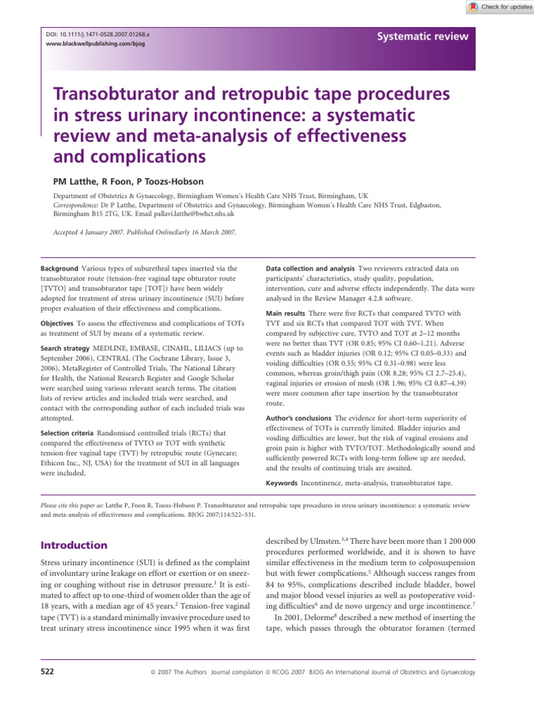 Effectiveness of Transobturator vs. Retropubic Tape | PDF | Urinary ...