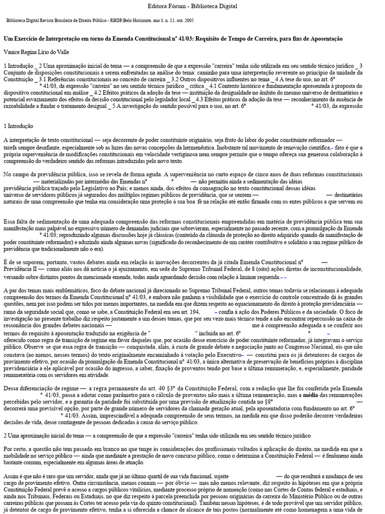 VALLE, V.R.L. Um Exercício de Interpretação em Torno Da EC 41-03 | PDF ...