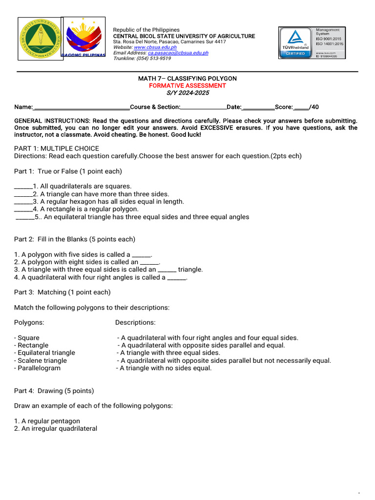 Math 7: Polygon Classification Assessment | PDF | Triangle | Rectangle