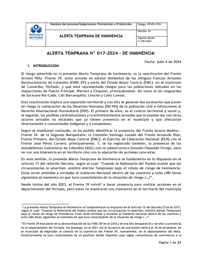 Alerta Temprana: Riesgo en Cumaribo 2024 | PDF
