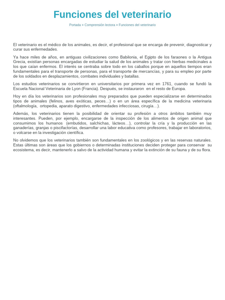 Funciones del veterinario en la salud animal | PDF