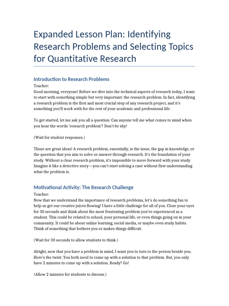 Expanded Identifying Research Problems Lesson Plan | PDF | Well Being ...