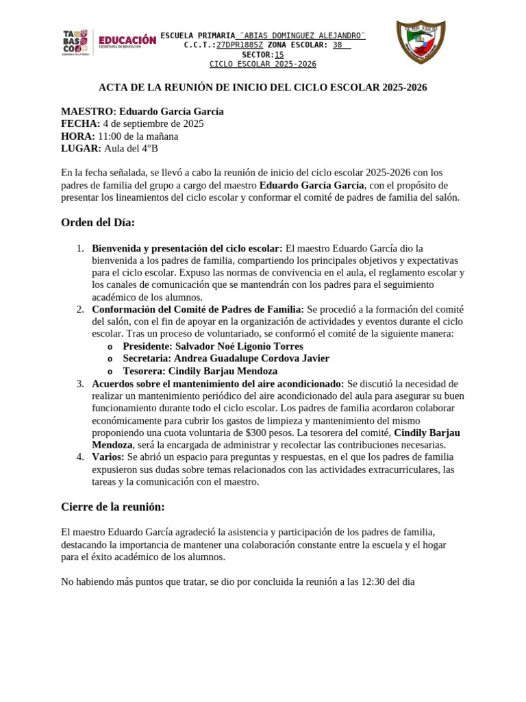 Acta de La Reunión de Inicio Del Ciclo Escolar 2024 | PDF
