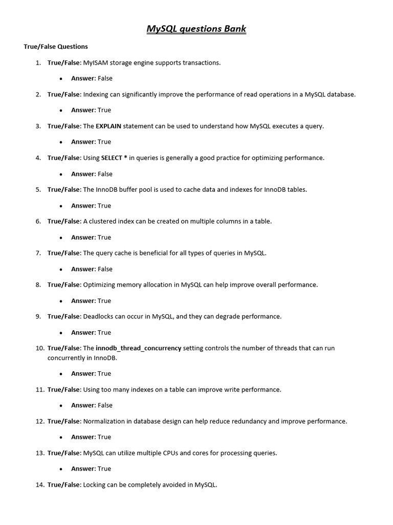 MySQL True/False & MCQ Question Bank | PDF | Database Transaction ...