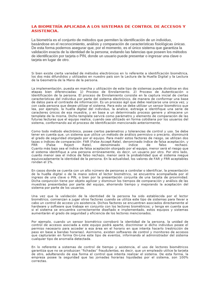 Biometría en Control de Accesos y Asistencia | PDF | Biometría ...