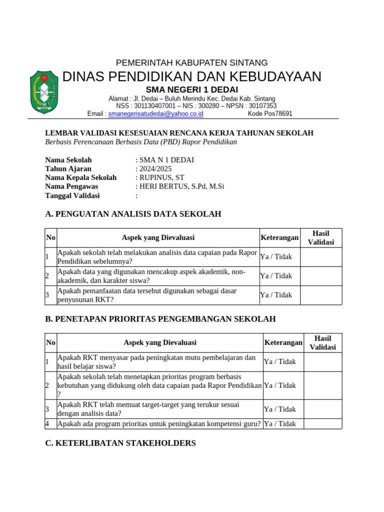 Instrumen Validasi RKT 2024 Sma 1 Dedai | PDF