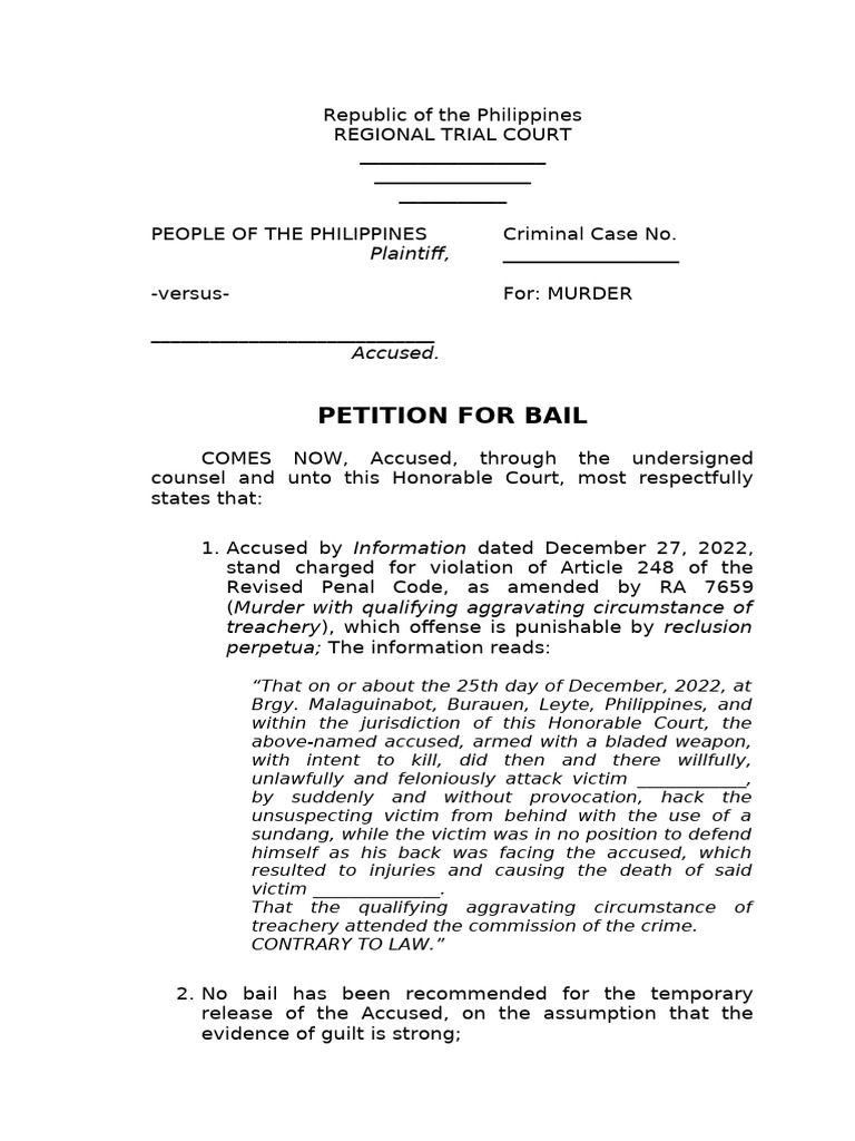 Petition for Bail in Murder Case | PDF | Bail | Burden Of Proof (Law)