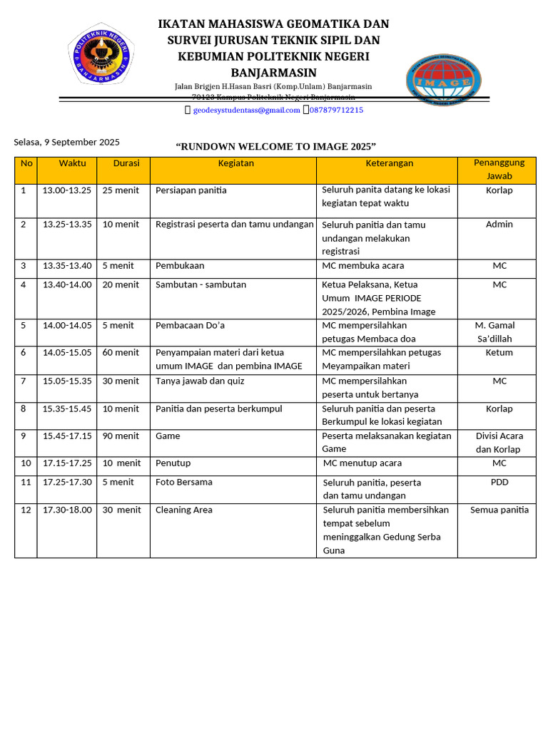Rundown Acara IMAGE 2025 Politeknik Banjarmasin | PDF