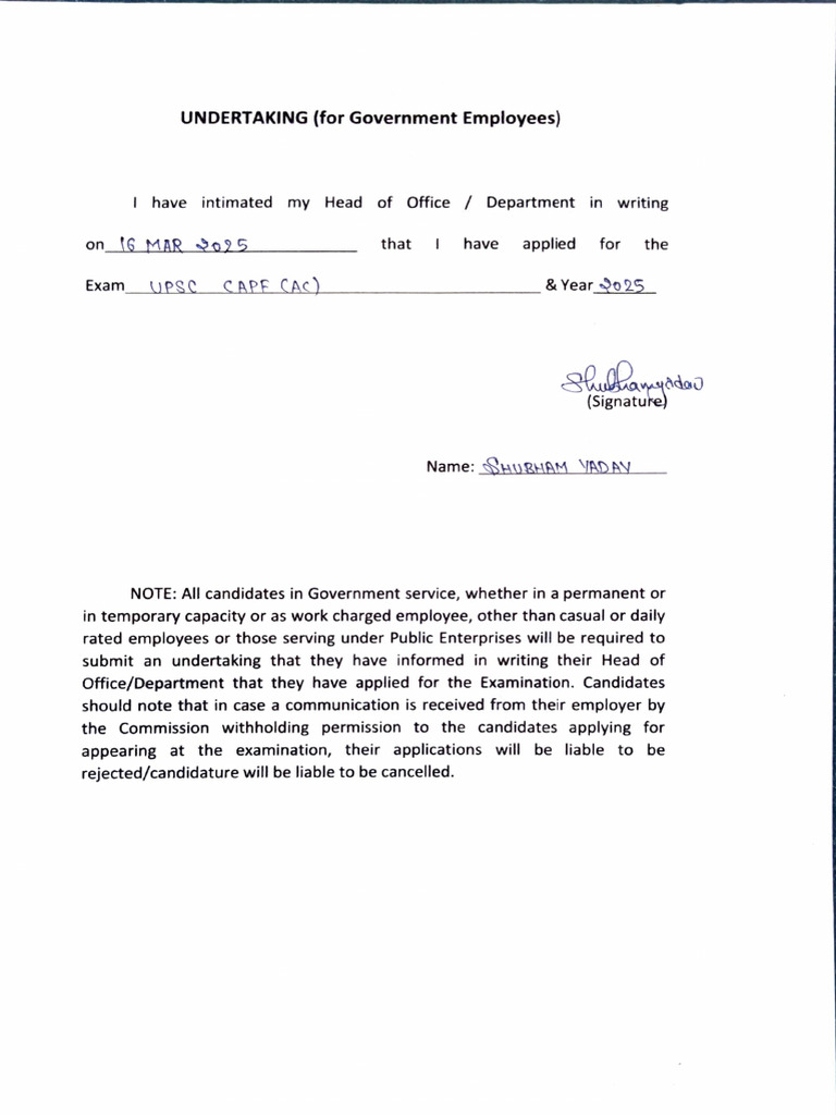 Government Employee Exam Undertaking Form | PDF