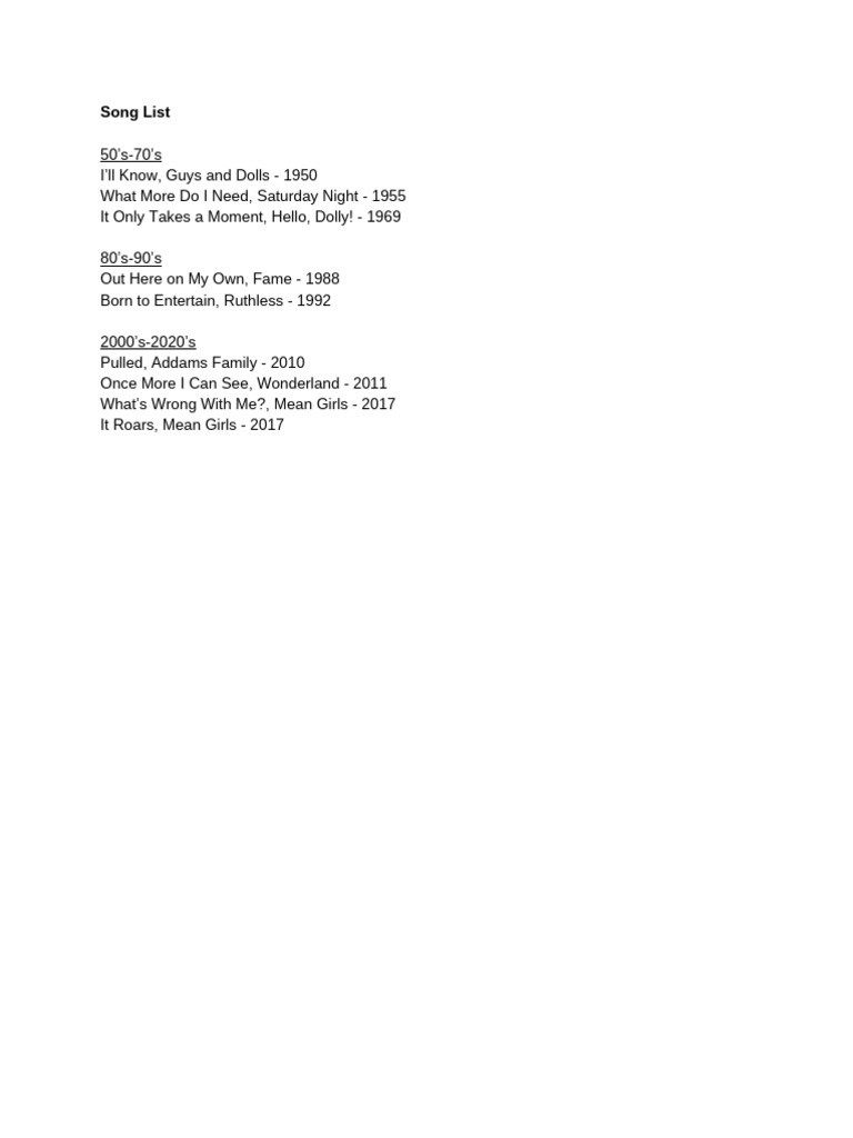 Musical Theater Song List by Decade | PDF