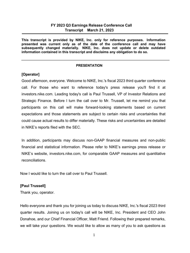 Nike Inc Q3fy23 Official Transcript Final 2 | PDF | Nike | Brand