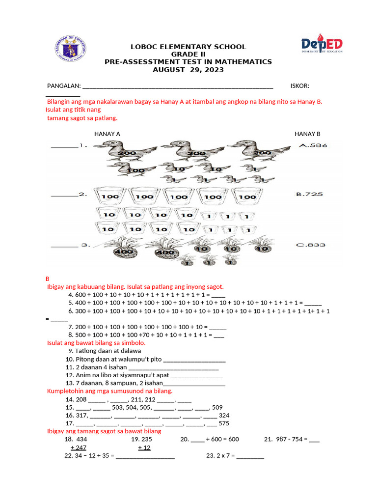 Pre-Test - Mathematics 2 | PDF