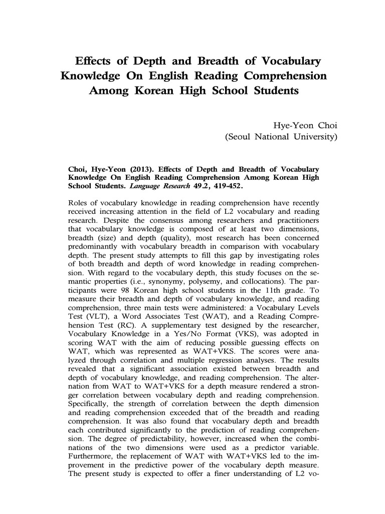 Vocabulary Depth and Breadth in L2 Reading | PDF | Vocabulary | Reading ...