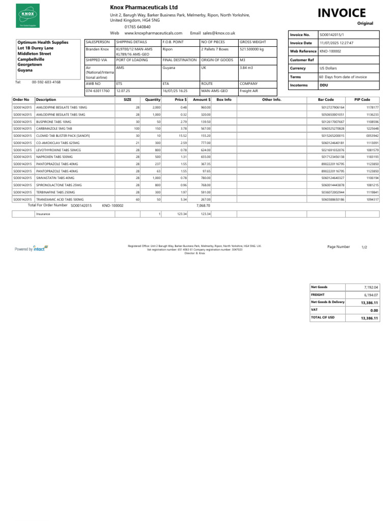 Knox Pharmaceuticals Invoice SO00142015 | PDF | Supply Chain Management ...