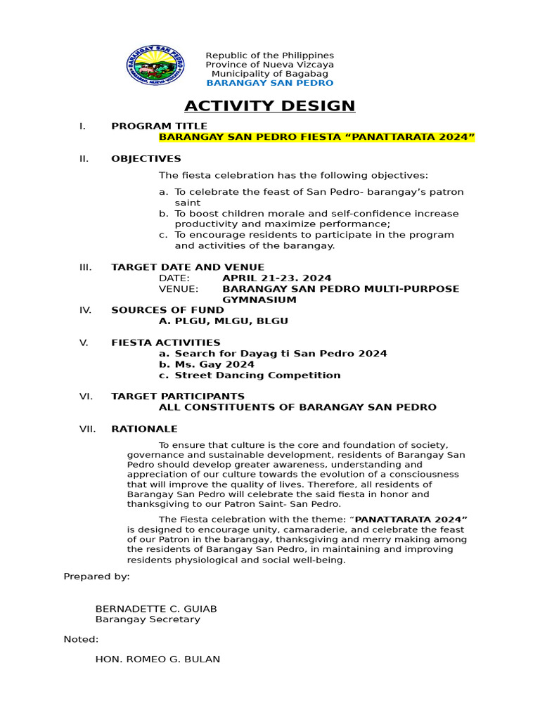 San Pedro Fiesta 2024 Activity Design | PDF