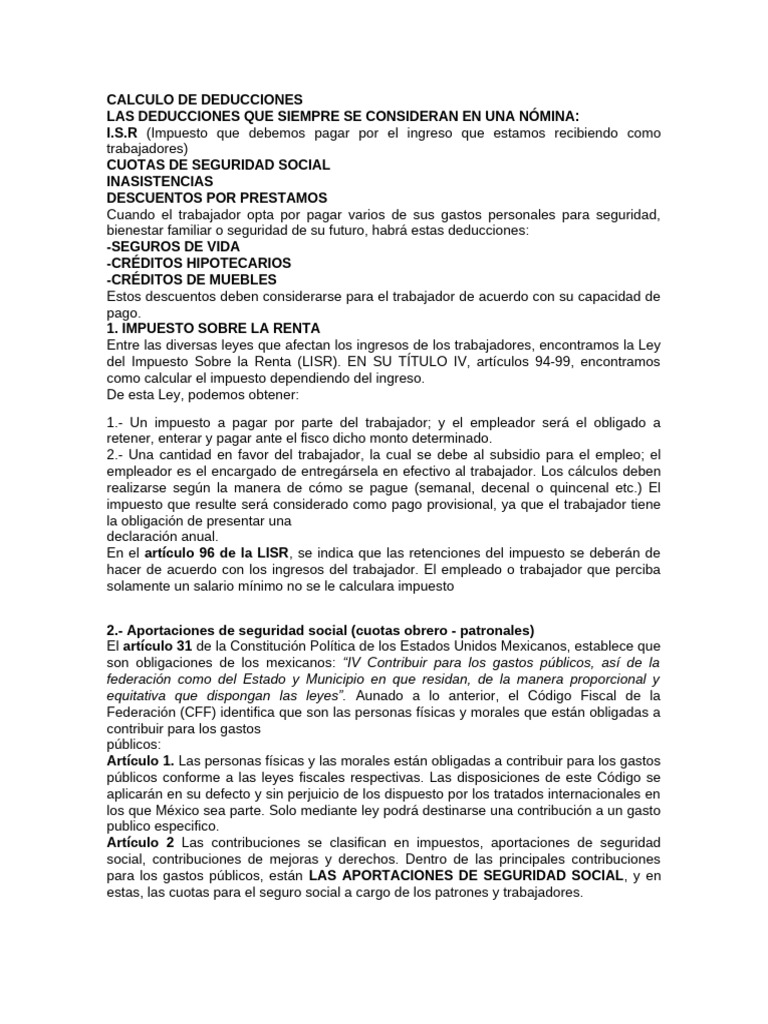 Deducciones en Nómina: ISR y Seguridad Social | PDF | Impuestos ...