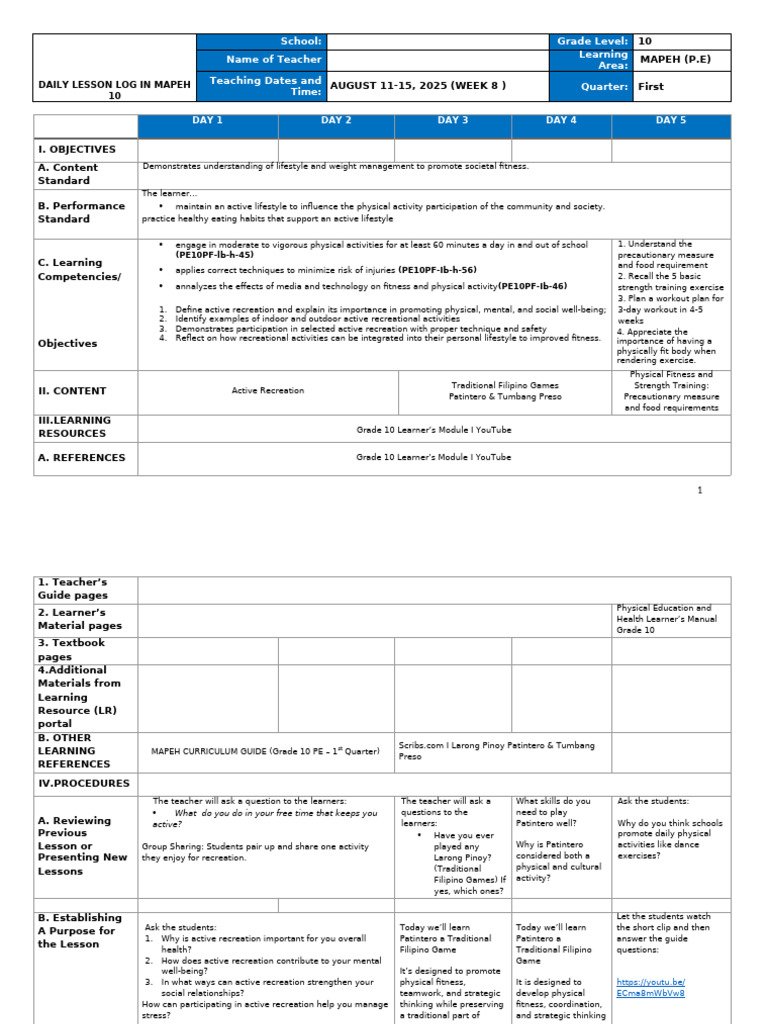 MAPEH Daily Lesson Log for Grade 10 | PDF | Physical Fitness | Strength ...