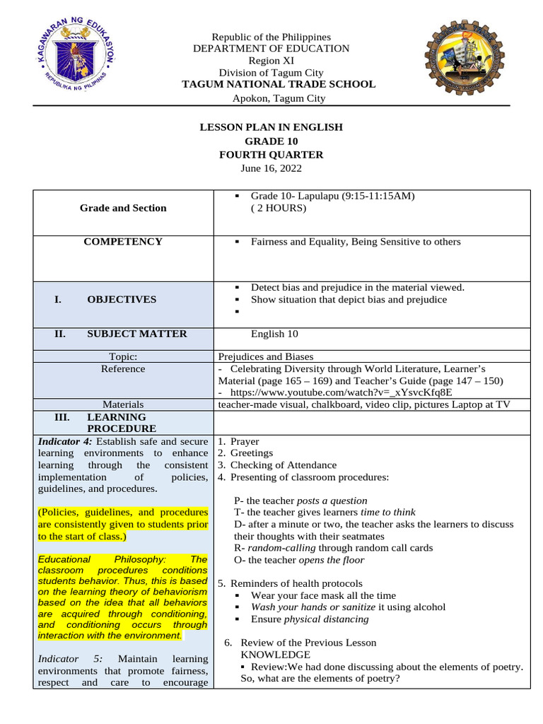 Grade 10 Lesson Plan: Bias and Prejudice | PDF | Learning | Teachers