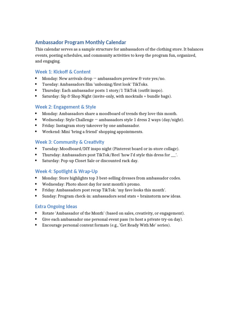 Ambassador Program Monthly Schedule | PDF