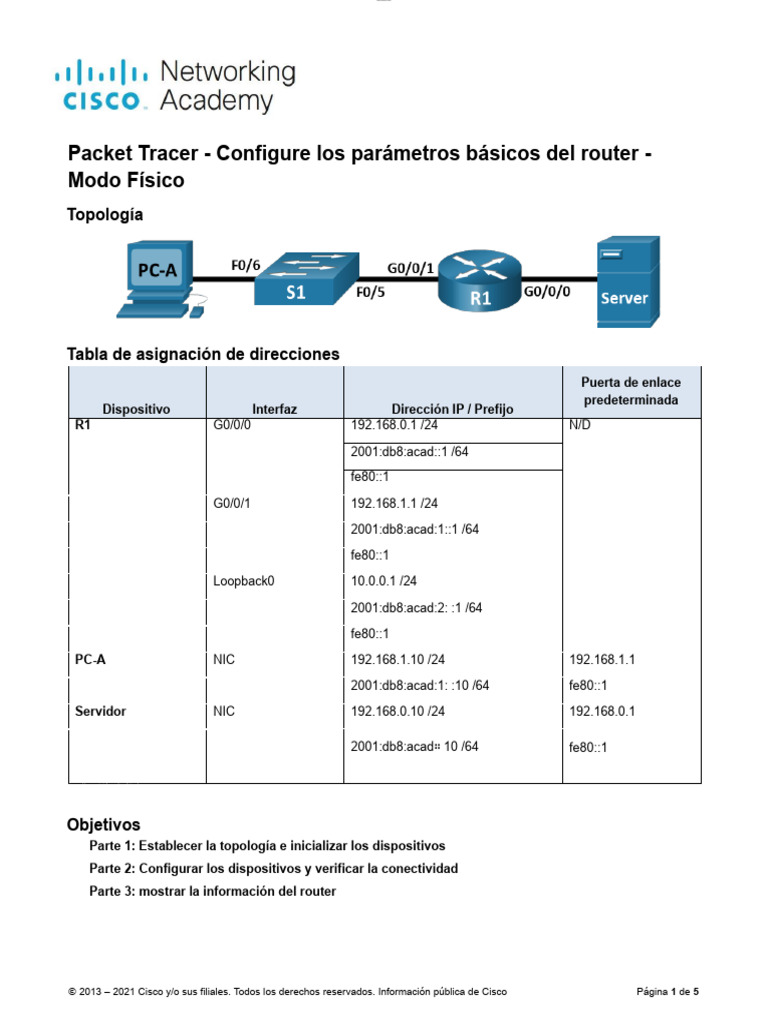 Configuración básica de router en Packet Tracer | PDF | Enrutador ...