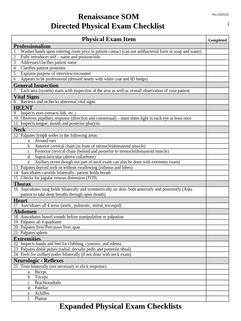 Directed Physical Exam Checklist | PDF | Human Anatomy