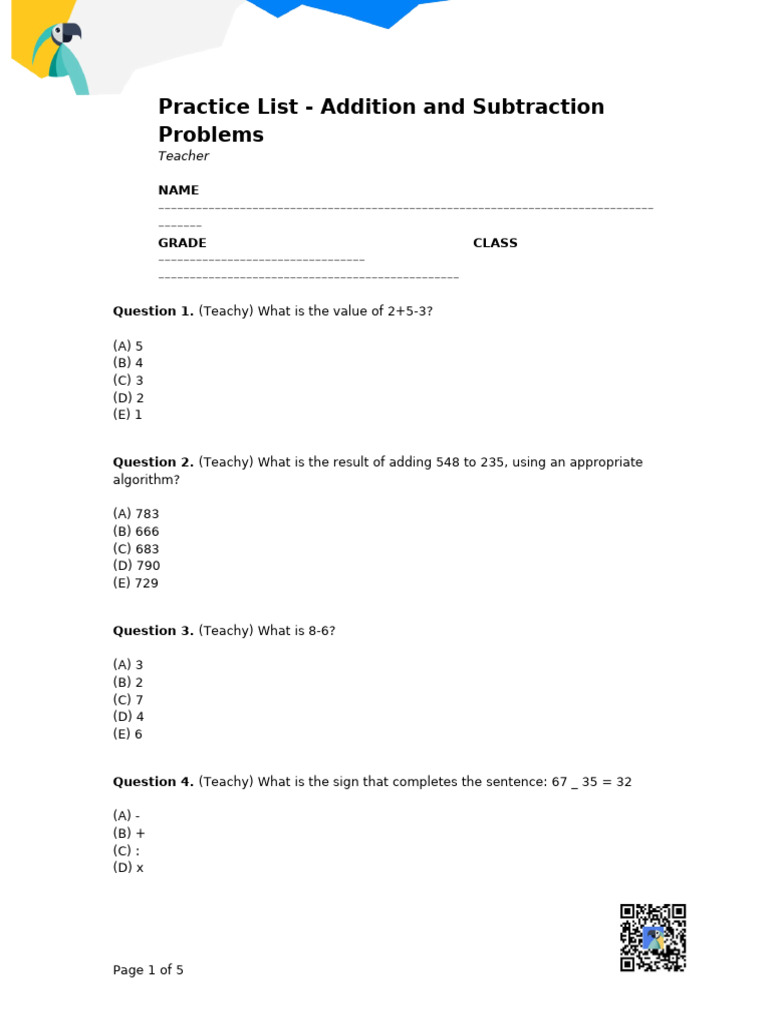 Addition and Subtraction Practice Quiz | PDF | Subtraction | Arithmetic