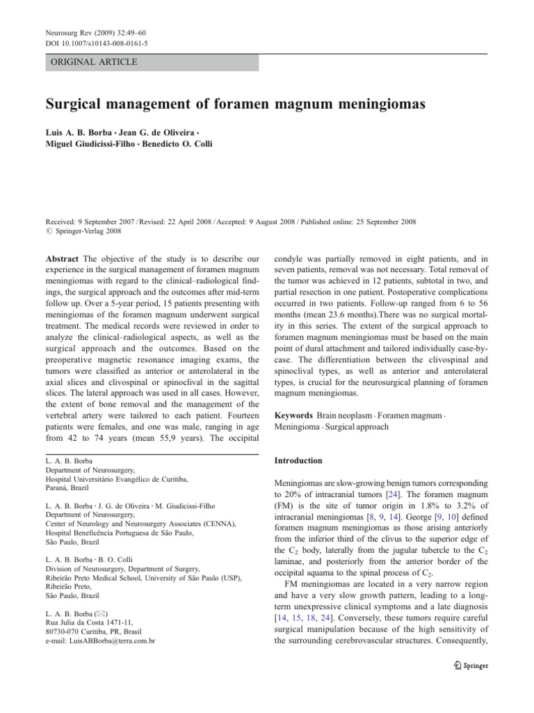 Surgical Management of Foramen Magnum Meningiomas | PDF | Vertebra ...