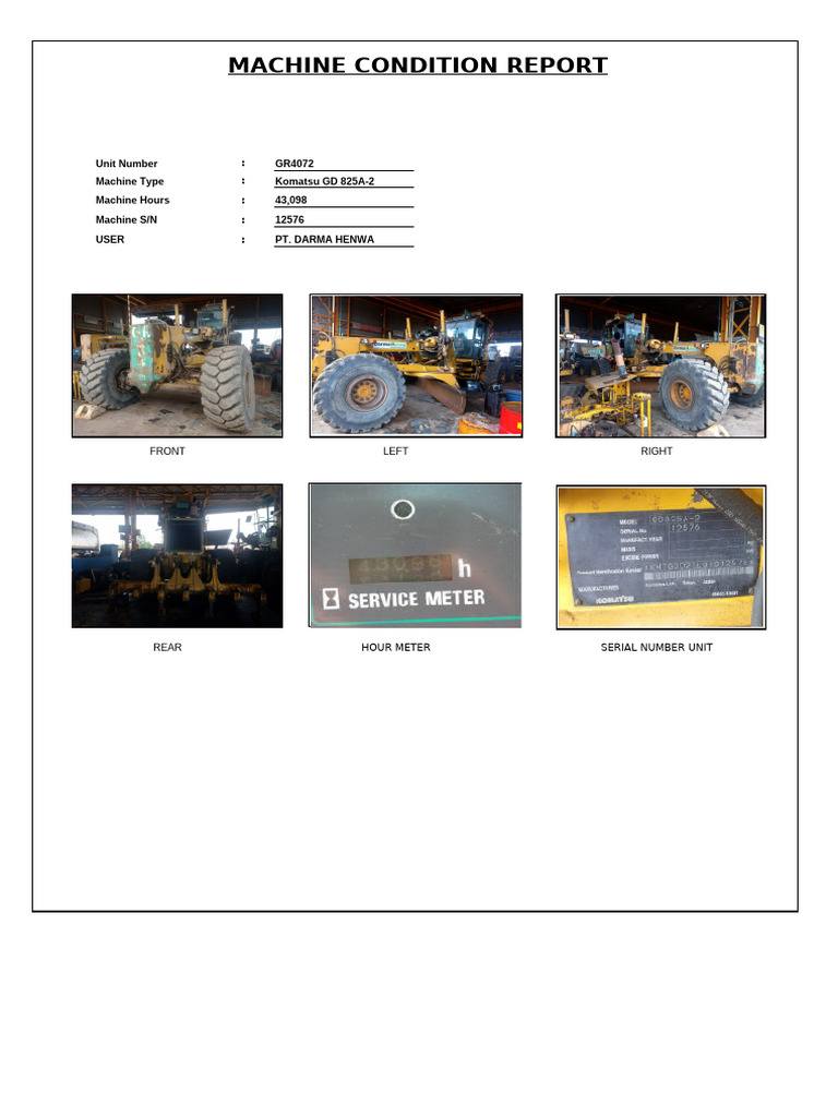 Komatsu GD 825A-2 Condition Report | PDF | Vehicle Technology | Land ...