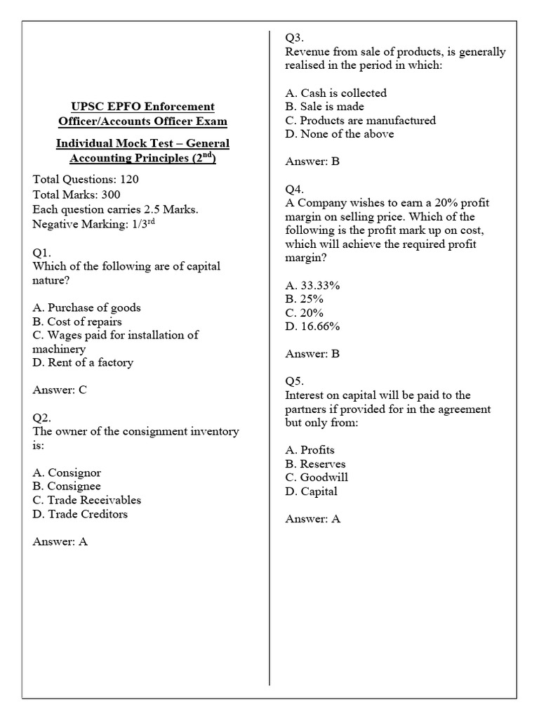 UPSC EPFO Mock Test: Accounting Principles | PDF | Debits And Credits ...