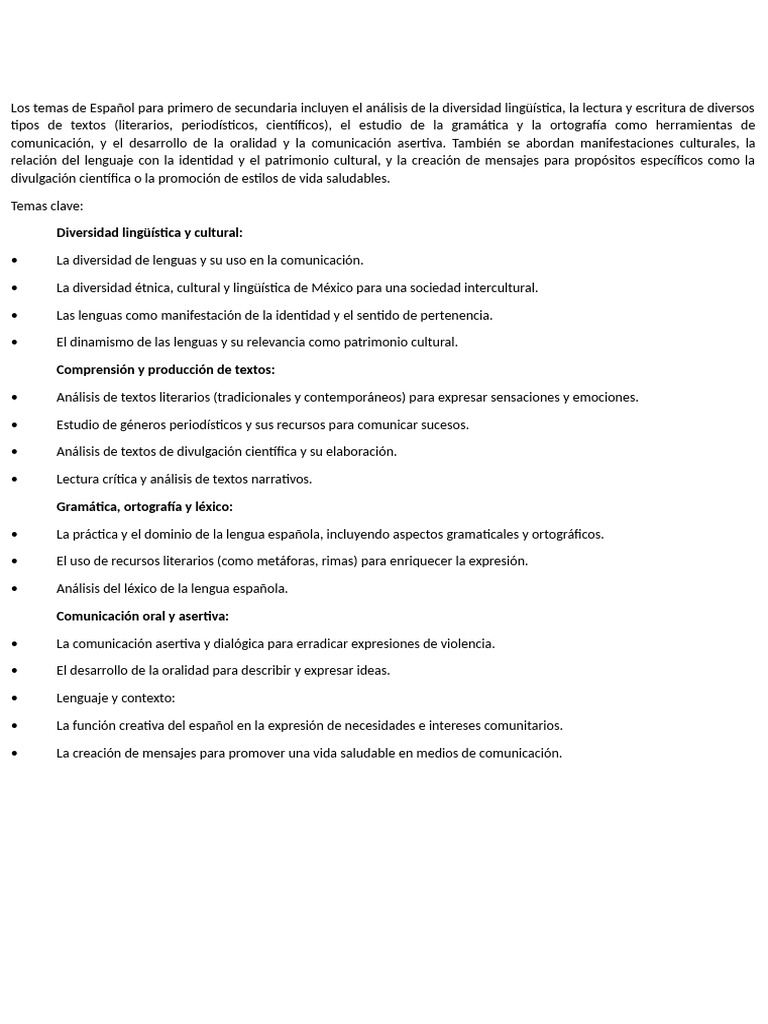 Temas de Español para Secundaria | PDF