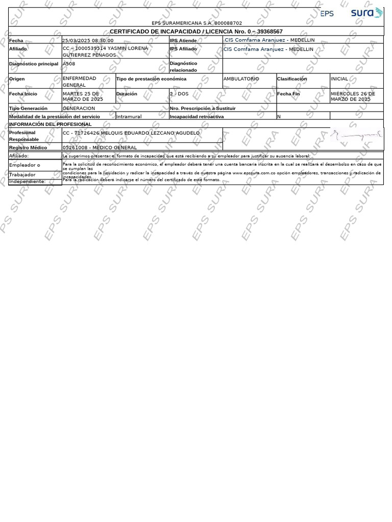 Certificado de Incapacidad EPS Sura 2025 | PDF