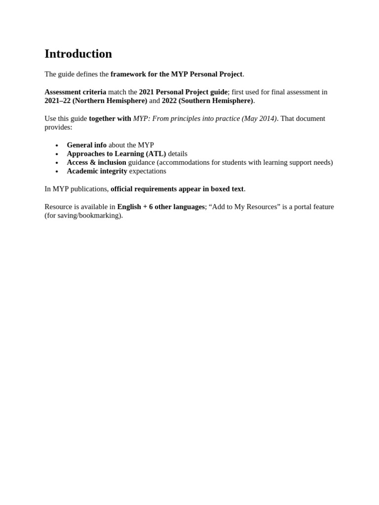 MYP Personal Project Framework Guide | PDF