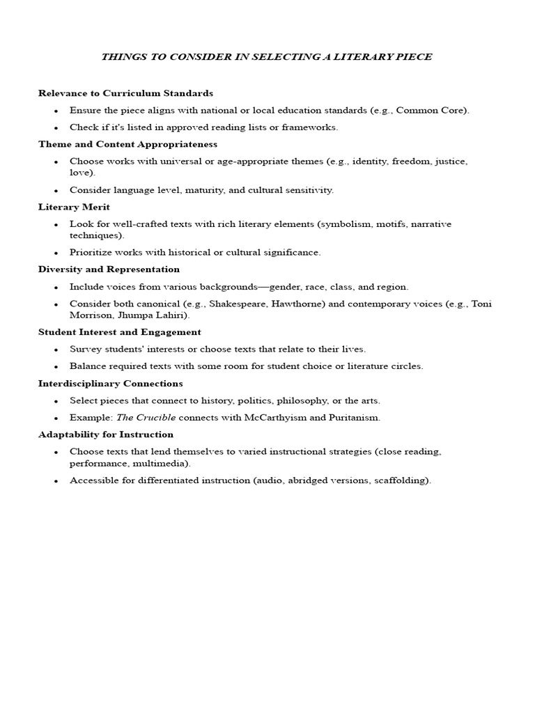 Selecting Literary Works for Education | PDF | Liberal Arts Education ...