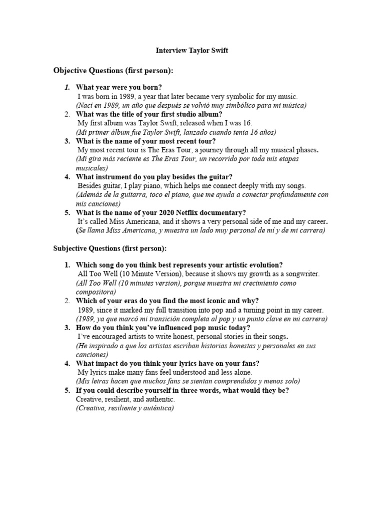 Objective Questions (First Person) :: Interview Taylor Swift | PDF