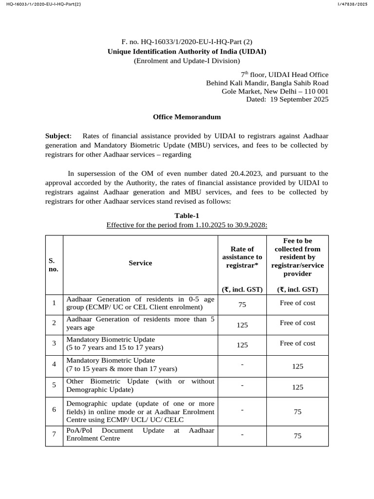 UIDAI Financial Assistance Rate Update | PDF | Accountability ...