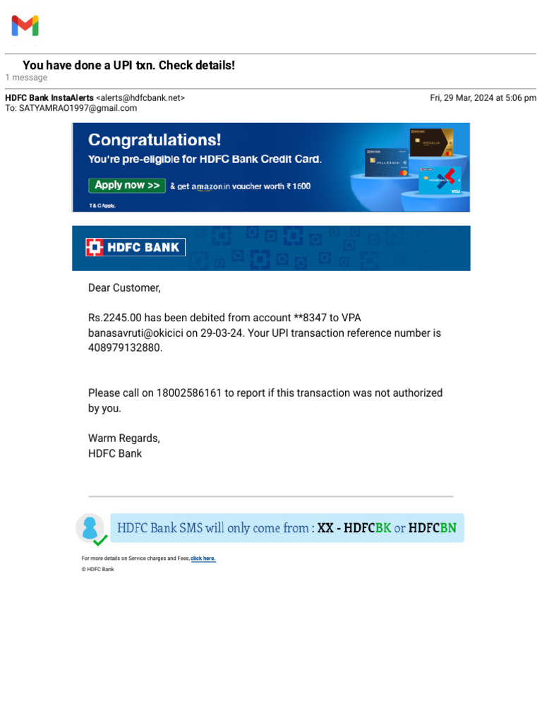 UPI Transaction Alert from HDFC Bank | PDF