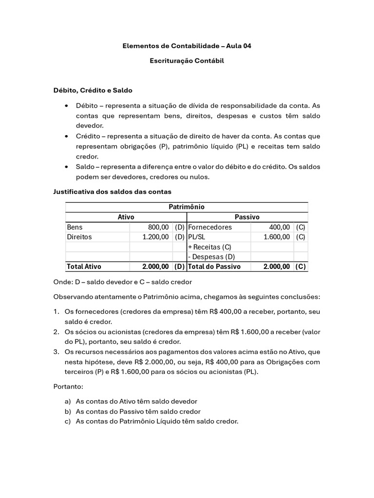 Débito, Crédito e Saldo na Contabilidade | PDF | Contabilidade | Dinheiro