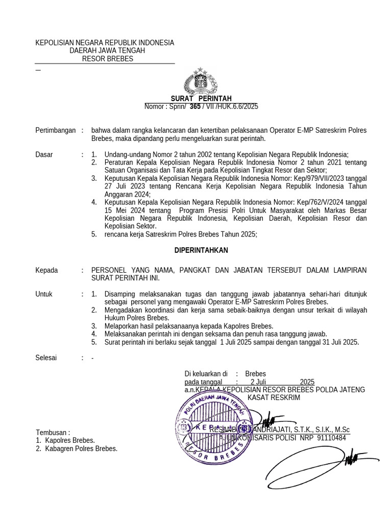 Sprin Operator Emp Satreskrim Polres Brebes | PDF