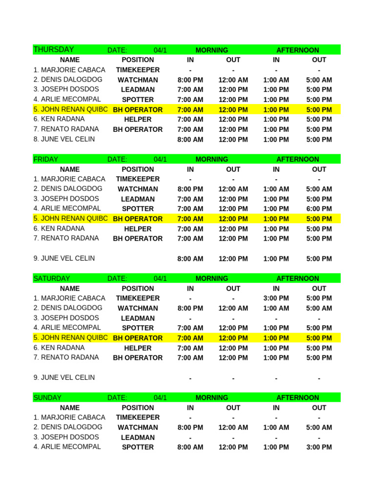 Weekly Employee Time Schedule | PDF | Chess Theory | Chess Openings