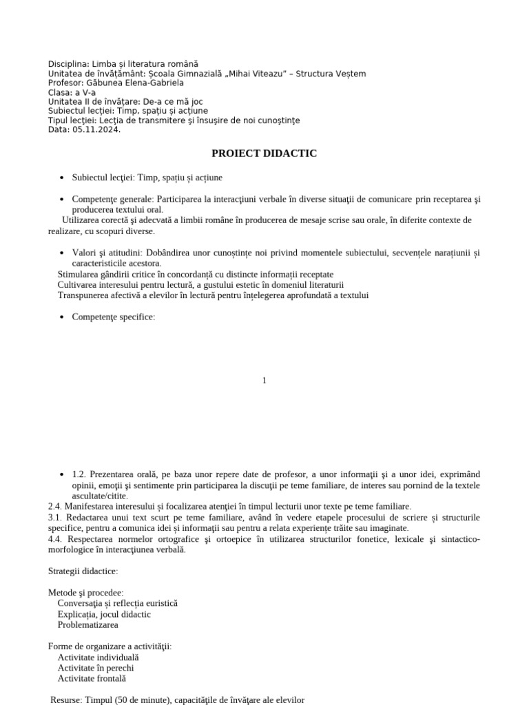 Timp, Spatiu - Vizita - Caragiale - Clasa A5a | PDF