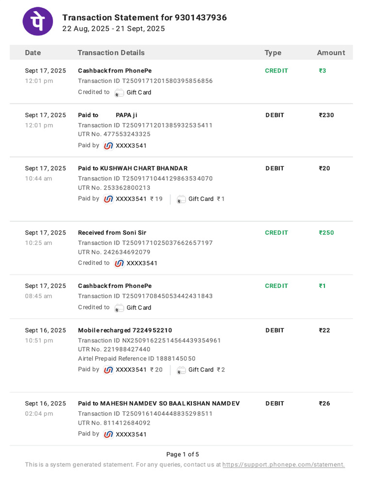PhonePe Transaction Statement Summary | PDF | Credit Card | Debit Card