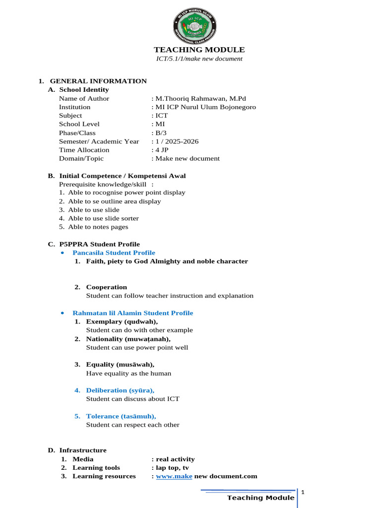 Modul Ajar - KLS.3.1 Ict 2026 | PDF | Educational Technology | Behavior ...