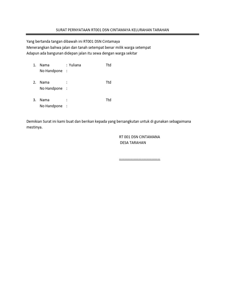 Surat Pernyataan Kepemilikan Tanah RT001 | PDF