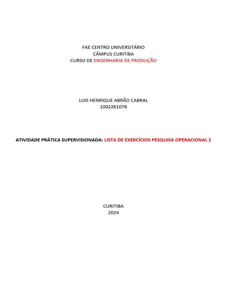 Exercícios de Pesquisa Operacional 2 | PDF | Tempo | Função densidade