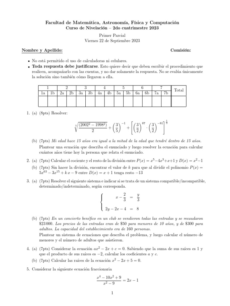 Primer Parcial de Matemáticas 2023 | PDF | Ecuaciones | Conceptos ...