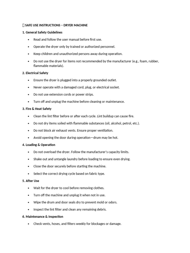 Safe Use Instructions, Dryer Machine | PDF