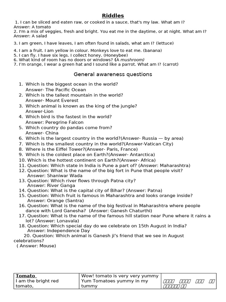 Fun Riddles and Quiz on Tomatoes | PDF | Tomato | Cooking