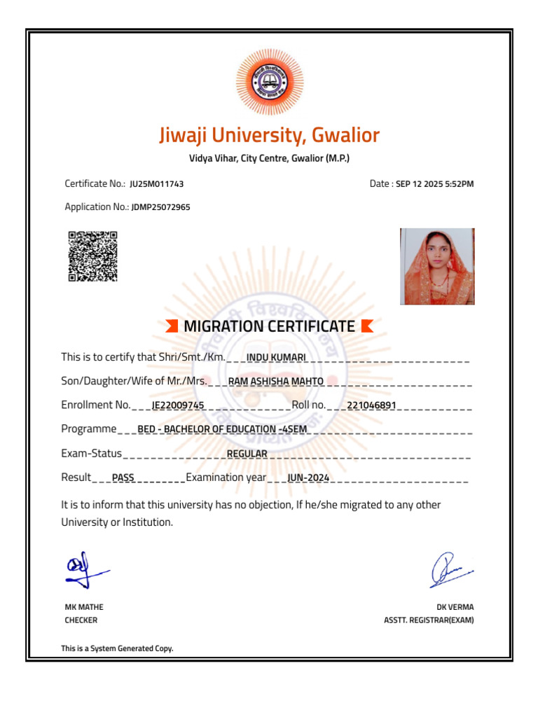 INDU KUMARI Migration Certificate | PDF